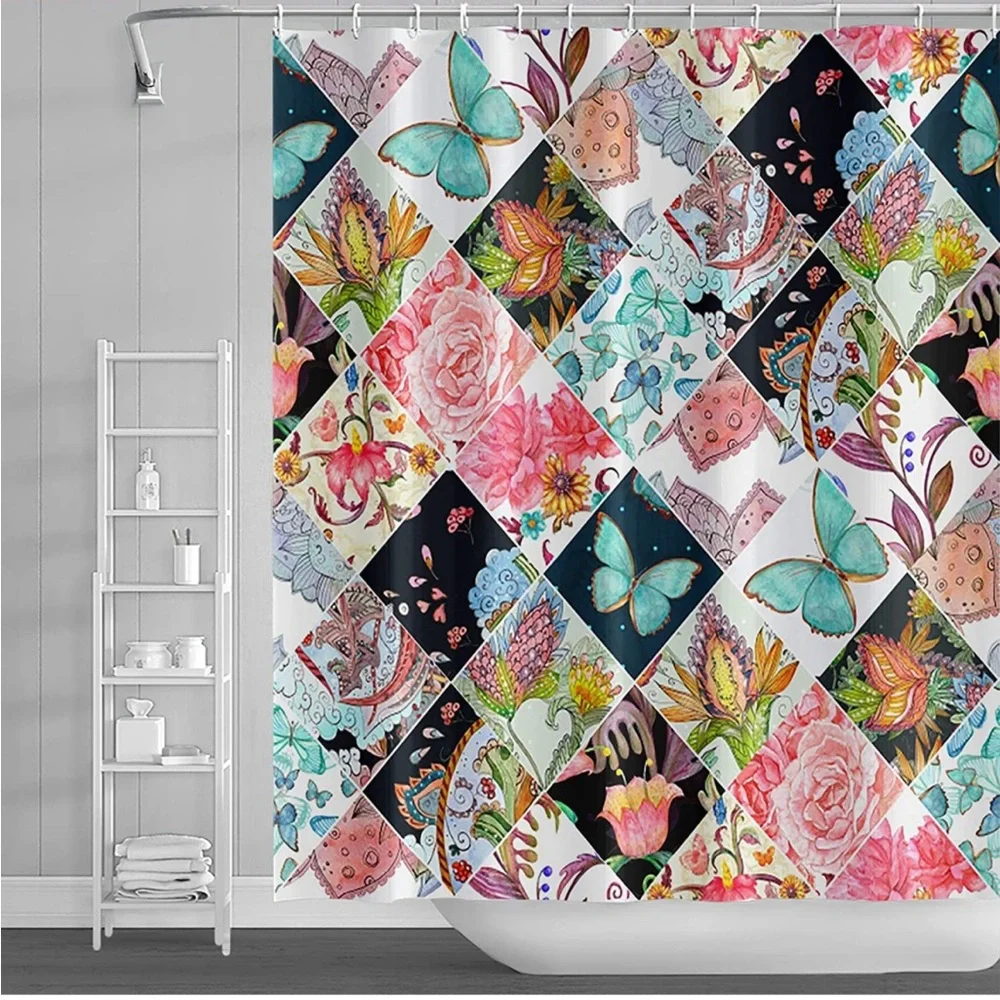 Butterfly Shower Curtain Floral with Stitching Grid Waterproof  12Hooks,48x72in
